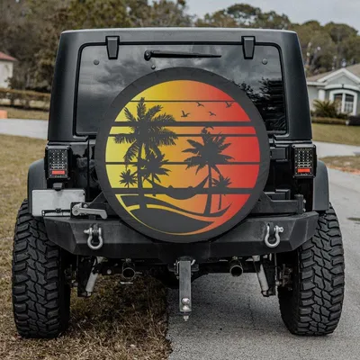 Retro Beach Sunset Spare Tire Cover, Palm Tree Silhouette Wheel Protector, Orange Yellow Waterproof Vinyl, Outdoor Gear Spare Tire Cover