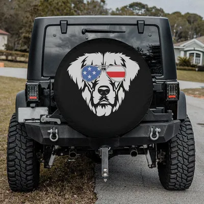 Patriotic Dog Spare Tire Cover, Us Flag Sunglasses Puppy Wheel Protector, Funny Pet Waterproof Vinyl Accessory Spare Tire Cover