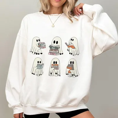 Ghost Reading Sweatshirt – Book Lover Halloween Graphic Pullover for Teachers & Women