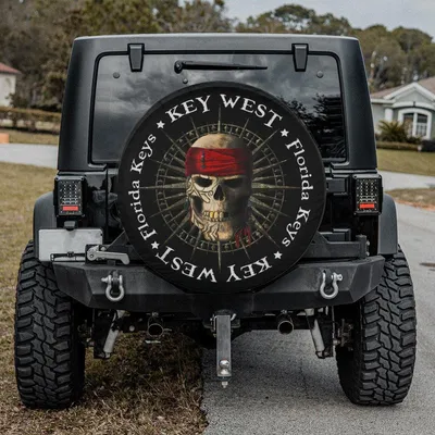 Florida Keys Key West Skull Spare Tire Cover, Heavy Duty Wheel Protector, All Weather Vinyl, Nautical Theme Accessory Spare Tire Cover