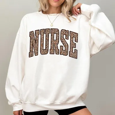 Nurse Leopard Print Letter Sweatshirt Sweatshirt Sweatshirt  Cozy Brown Oversized Pullover For Nurses Nursing Students