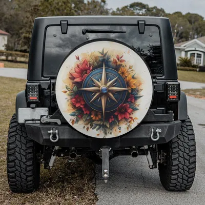 Colorful Abstract Compass Spare Tire Cover, Floral Adventure Wheel Cover, Unique Gift For Off-Road And Travel Enthusiasts Spare Tire Cover