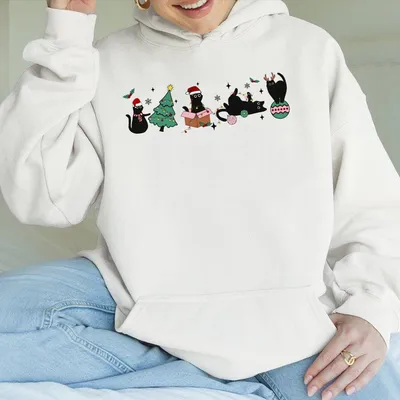 Christmas Cats Hoodie, Cute Black Cat Holiday, Funny Xmas Cat Lovers Hoodie, Cozy Winter Gift For Women And Men