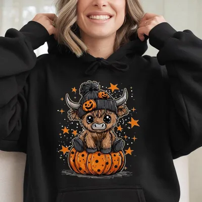Retro Halloween Highland Cow, Moo I Mean Boo, Funny Fall Pumpkin Cow, Trendy Cute Highland Cow Hoodie Design For Women