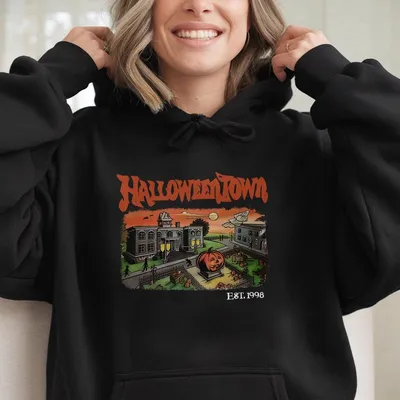 Spooky Village Hoodie Vintage Haunted Town Graphic With Pumpkin Statue Fall Street Scene Illustration Cozy