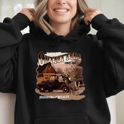 Dixie Outfitters Hoodie Vintage Deer Hunting Cabin,Outdoor Wildlife Preservation Graphic Hoodie,Country Style