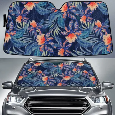 Orange Bird Of Paradise Flower Dark Grey Palm Leaf Car Sun Shades Cover Auto Windshield PrintSyde