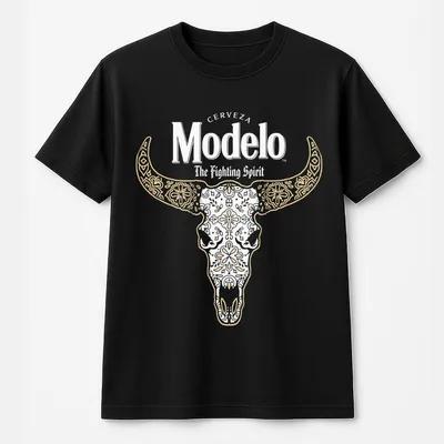 Modelo Beer T-Shirt Western Bull Skull Graphic With Floral Detail, “The Fighting Spirit” Slogan, Great For Beer Lovers