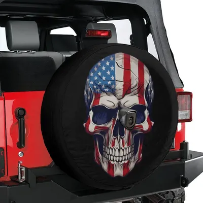 4th Of July Skull Spare Tire Cover,Usa Flag Skull Tire Cover, Gothic Car Accessories For 4th Of July, Skull Tire Cover Spare Tire Cover