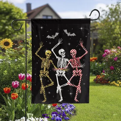 Colorful Dancing Skeletons Garden Flag , Halloween Yard Decor With Stars, Bats, Patterns – Fun Spooky Outdoor Fall Decoration, Spooky Decor Vertical Garden Flag