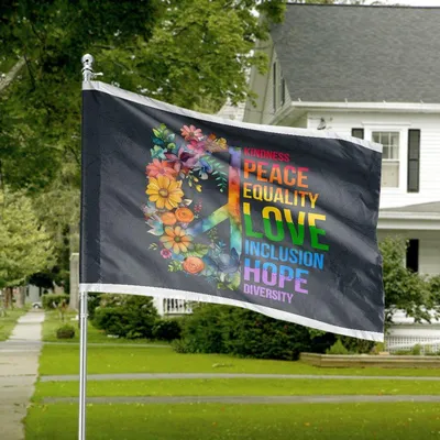 Peace And Love House Flag, Floral Rainbow Pride Symbol, Positive Message Banner For Kindness And Diversity Horizontal House Flag