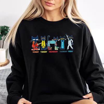 Pete The Cat Days Of The Week Sweatshirt, Funny School Teacher , Kidcore Cartoon Top, Cute Graphic Sweatshirt, Aesthetic Casual
