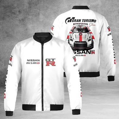 Nissan Gt-R Nismo Bomber, Gran Turismo, White Windproof Racing Jacket, Jdm Car Enthusiast Bomber Jacket
