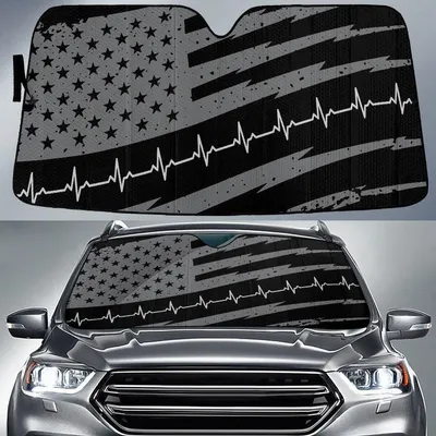 Grey Black American Flag And Grey Heartbeat Printed Car Sun Shades Cover Auto Windshield PrintSyde