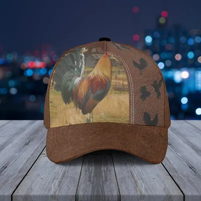 Baseball Cap Rooster In Field With Chicken Silhouettes And Brown Leather Panels Baseball Cap