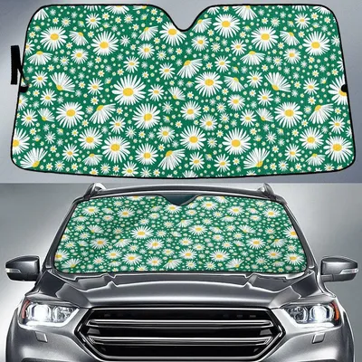 White Daisy Flower Green Theme Summer Time Car Sun Shades Cover Auto Windshield PrintSyde