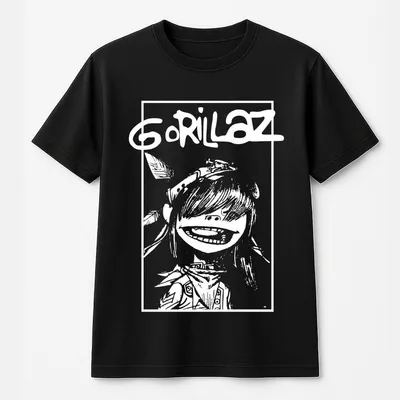 Women S Black Rock Band Graphic T-Shirt Gorillaz Character Print  Round Neck Casual T-Shirt
