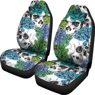 Green Blue Flowers Skull Pattern Print Universal Fit Car Seat Covers