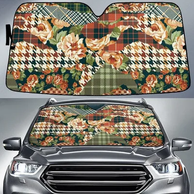 Beautiful Roses Buch Houndstooth Tartan Theme Car Sun Shades Cover Auto Windshield PrintSyde