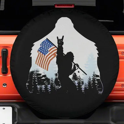 Bigfoot Usa Flag Gun Silhouette Spare Tire Cover - Patriotic Sasquatch Off-Road Trucker Gift Spare Tire Cover