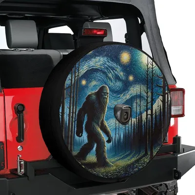 Spare Tire Cover, Bigfoot Starry Night Graphic, Sasquatch Forest Art, Van Gogh Inspired Wheel Protector, Universal Spare Tire Cover