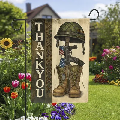 Thank You Military House Flag Garden Flag, Patriotic Soldier Memorial Flag, Gift For Veterans And Military Families Vertical Garden Flag
