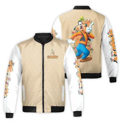 Bomber Jacket,Disney Goofy Floral Pattern,Cartoon Character Fan Gift,Beige Bomber Jacket