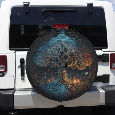 Mystical Tree Of Life Design, Dual Color Day And Night Symbol With Celtic Roots, Spiritual Fantasy Art Style Spare Tire Cover For Nature Lovers Spare Tire Cover
