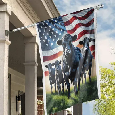 Patriotic Cattle Field, Vertical House American Farmhouse Wall Art With Flag & Black Cows Vertical House Flag