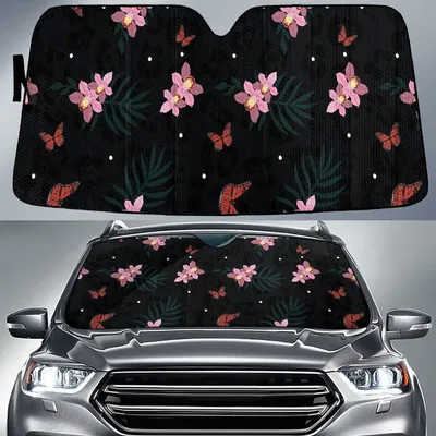 Butterfly And Pinky Hawaiian Hibiscus Flower Black Theme Car Sun Shades Cover Auto Windshield PrintSyde