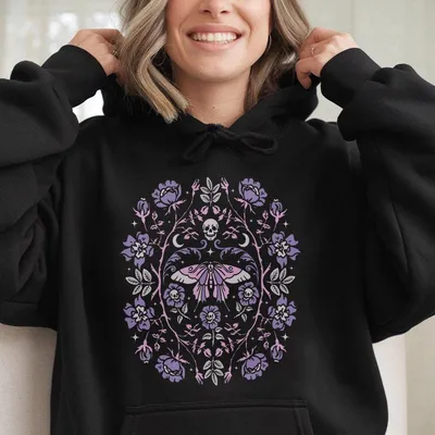 Gothic Garden Hoodie, Floral Skull Creepy Cute Graphic, Dark Academia Pastel Goth Top, Unisex