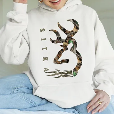 Camouflage Deer Head And Brand Logo Hoodie For Women For Men Soft Round Neck Outdoor Casual Top For Hiking
