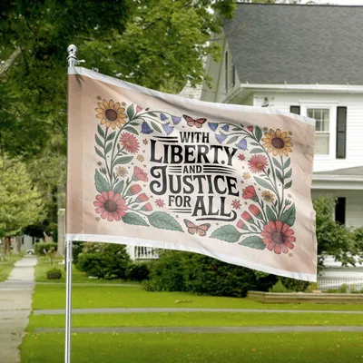Democracy Core Values House Flag, Freedom And Justice Statement, High-Contrast Multi-Color Text Design Horizontal House Flag