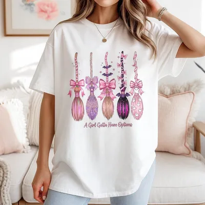 A Girl Gotta Have Options Witch Brooms T-Shirt Pink Coquette Girly Halloween T-Shirt Cute Preppy Witch T-Shirt Sparkle Witch