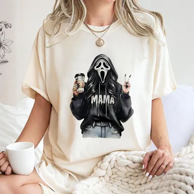 Spooky Mama Halloween T-Shirt Ghostface Girl With Coffee Cup Graphic Trendy Scary Mama Unisex Cotton