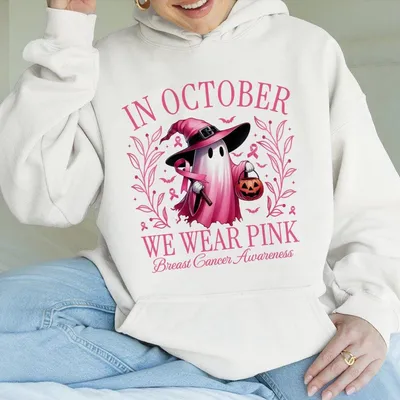 In October We Wear Pink Ghost Hoodie, Halloween In October We Wear Pink, Breast Cancer Awareness Hoodie, Pink Ribbon Hoodie, Wear