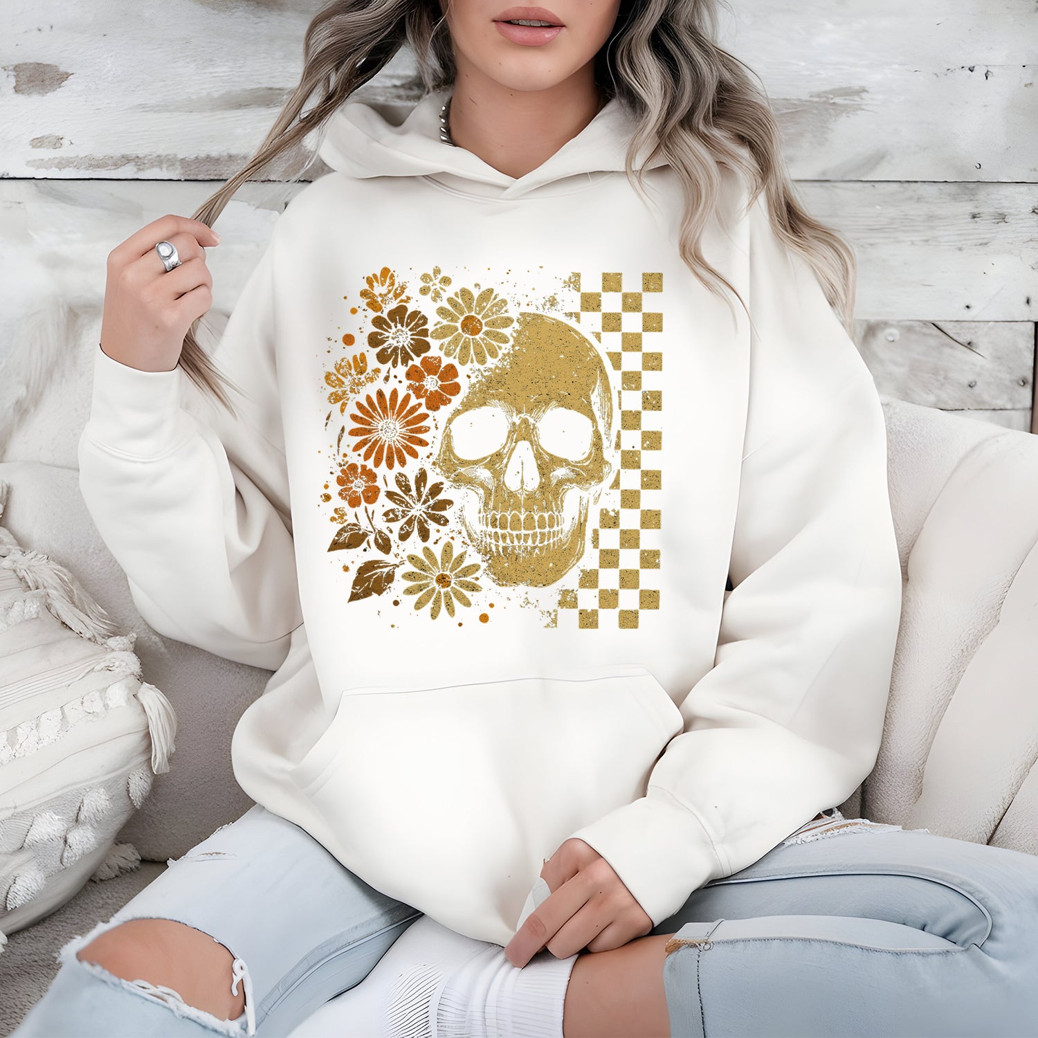 Retro Floral Skull Halloween Hoodie – Vintage Graphic Pullover