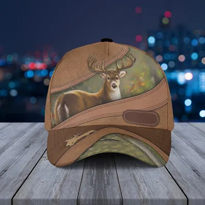 Faux Suede Baseball Cap Deer Hunting Art Print  Brown Vintage Outdoors Hat Baseball Cap