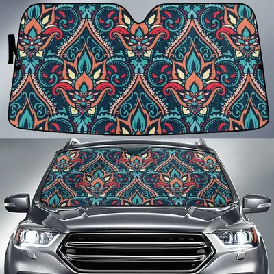 Colorful Mirrored Vintage Paisley Pattern Illustration Texture Car Sun Shades Cover Auto Windshield PrintSyde