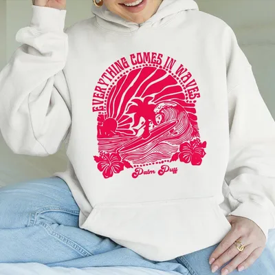 Pink Palm Puff Hoodie For Women Teen Girls Cute Preppy Hoodie, Y2k Hoodie