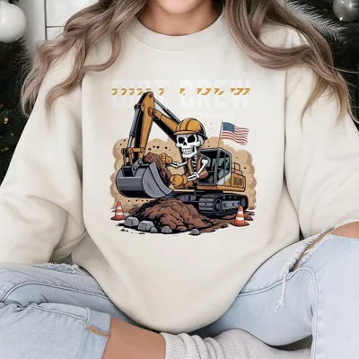 Dirt Crew Excavator Skeleton Sweatshirt, Heavy Equipment Operator Graphic Sweatshirt, Soft Workwear Sweatshirt For Men