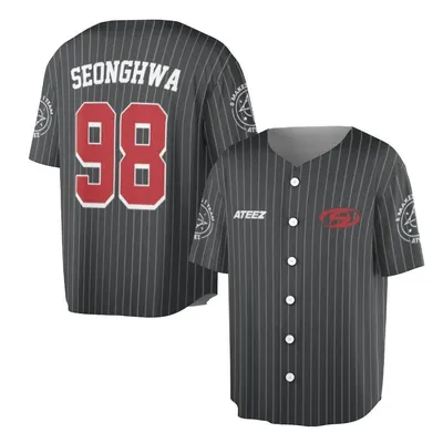 Ateez Seonghwa 98 Baseball Jersey, K-Pop Idol Merch, Pin Stripe Concert Baseball Jersey, Red Black Pinstripe, Us Fan Apparel Unisex