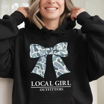 Local Girl Outfitters Bow Graphic Hoodie, Cute Cat And Bow Design, Feminine Apparel, Stylish Animal Lover Hoodie, Trendy Camo Bow Hoodie