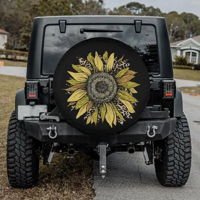 Wild Flower Sunflower Sparkle Spare Tire Cover, Leopard Print Design, Weatherproof Wheel Cover, Vehicle Decor Spare Tire Cover