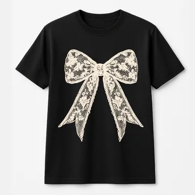 Coquette White Lace Bow T-Shirt, Beige Ink Floral Lace Bow Screen Print Transfer