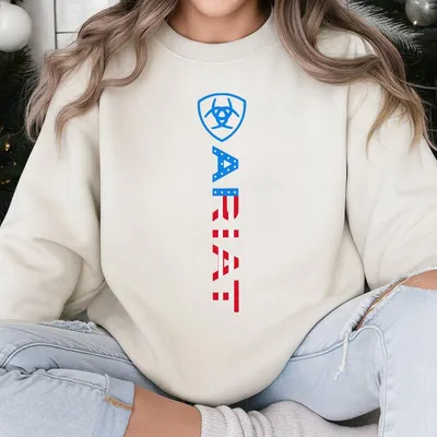 Ariat Sweatshirt Patriotic Usa Flag Inspired Logo Graphic In Red,White & Blue Unisex,Relaxed Fit