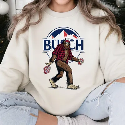 Busch Light Apple Sasquatch Hunting Sweatshirt, Large Sasquatch In Plaid Sweatshirt Carrying Busch Beer
