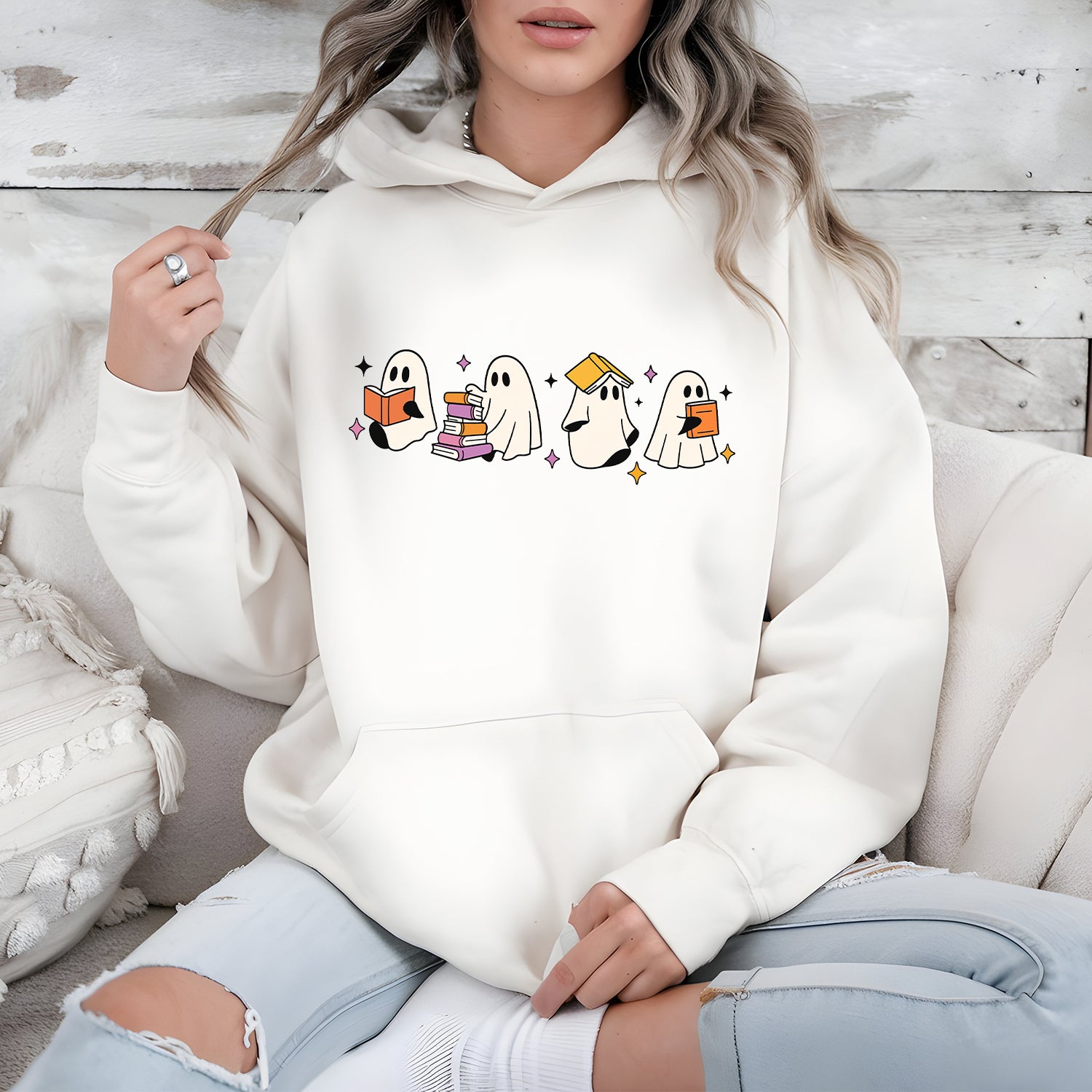 Cute Little Ghost Hoodie, Ghosts Reading Books Hoodie