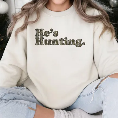 Hunter'S Wife Sweatshirt, He'S Hunting Widow Gift, Deer Hunter Sweatshirt, Camo Bow Graphic