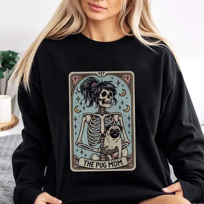 Skeleton Pug Halloween Sweatshirt Cute Tarot Card Pug Sweatshirt Funny Dog Lover Gift Spooky Season Top For Men Women